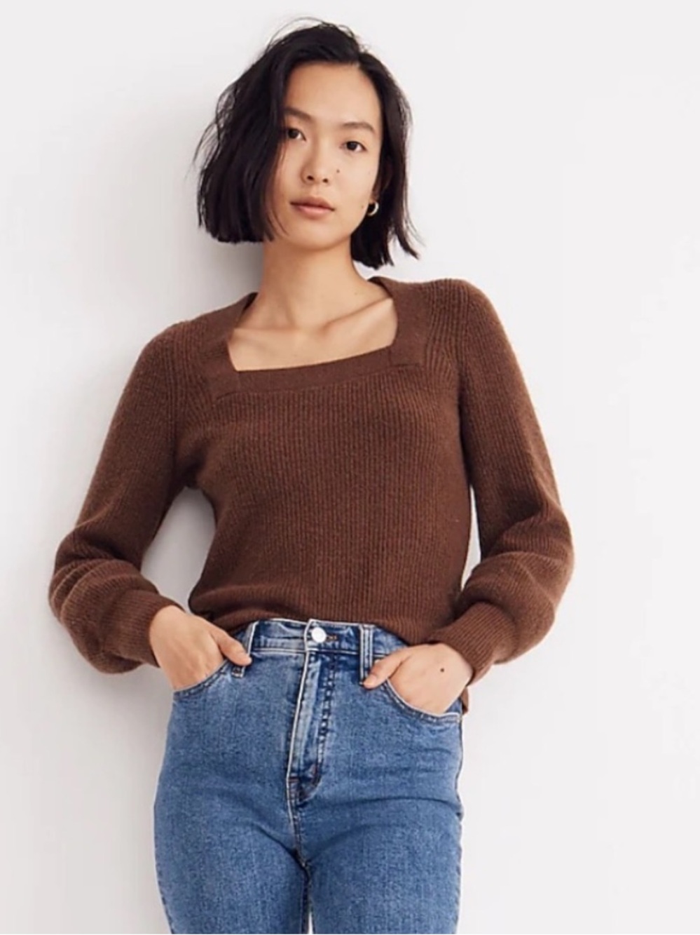 Madewell Meleood Square Neck Brown Knit Pullover Sweater in Coziest Yarn Medium